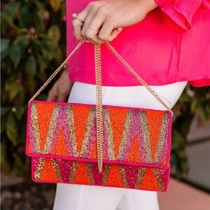 Beaded Orange and Pink Clutch Bag with removable chain